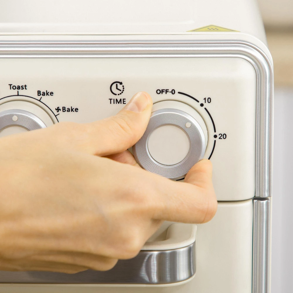Elektrinė krosnelė HOMCOM mini orkaitė su konvekcija 20L, 7-viename picos orkaitė su kepimo skardų rinkiniu, gruzdinimo krepšeliu, trupinių padėklu, 1 val. laikmačiu, 1400 W, kreminės baltos spalvos
