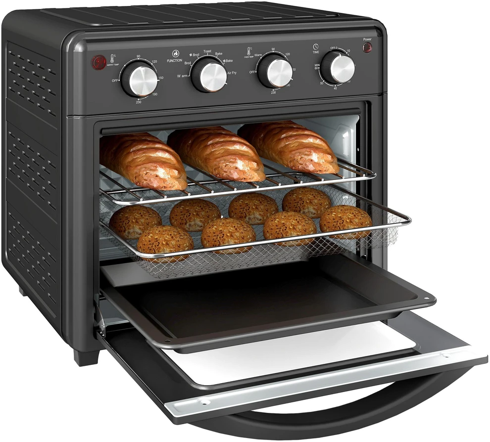 Elektrinė krosnelė HOMCOM mini orkaitė su konvekcija, 30 l, su kepimo skarda, grotelėmis ir trupinių padėklu, 90–230 °C orinė gruzdintuvė su 7 režimais, krepšeliu kepimui, 60 min. laikmačiu, 1600 W, metalinė | Aosom