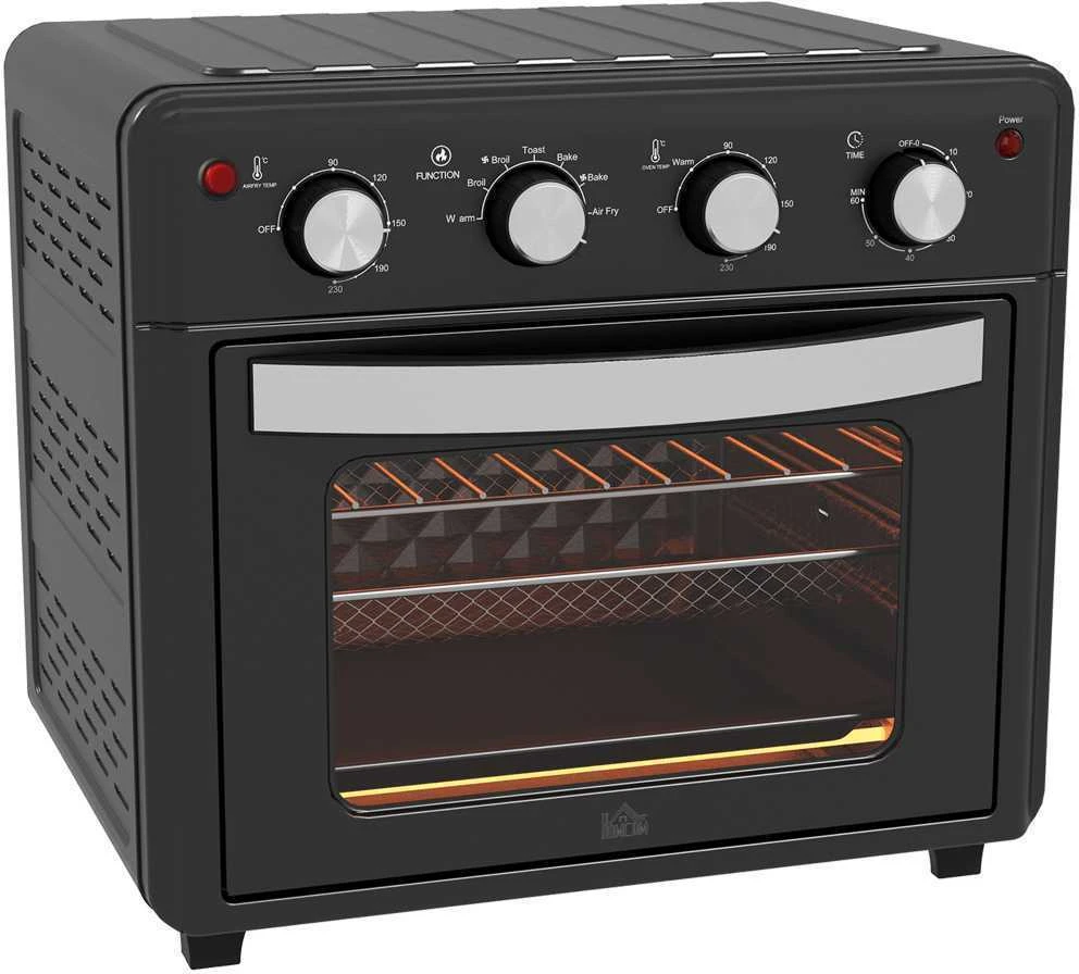 Elektrinė krosnelė HOMCOM mini orkaitė su konvekcija, 30 l, su kepimo skarda, grotelėmis ir trupinių padėklu, 90–230 °C orinė gruzdintuvė su 7 režimais, krepšeliu kepimui, 60 min. laikmačiu, 1600 W, metalinė | Aosom