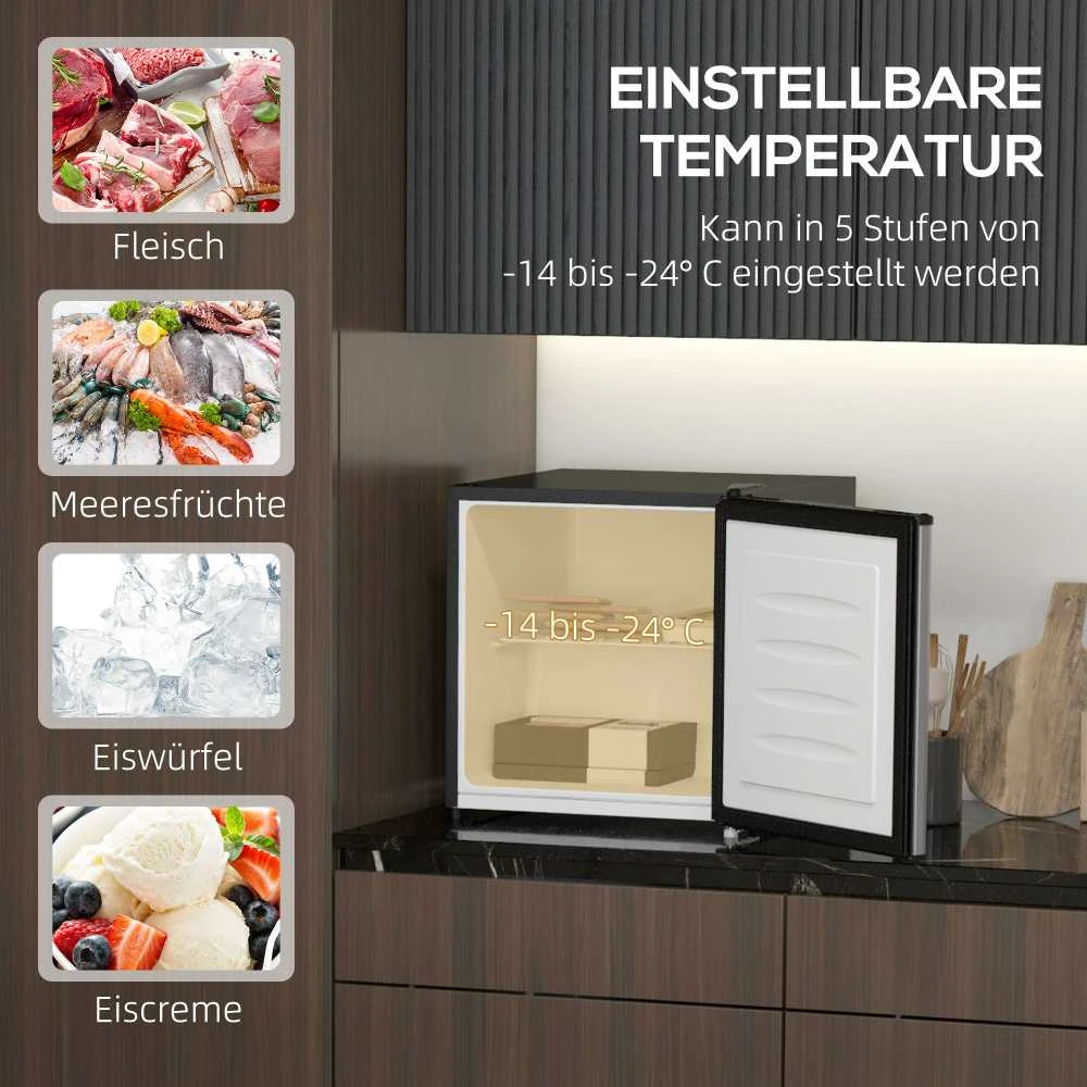 HOMCOM mini šaldiklis, 35 l talpos šaldymo dėžė, elektrinis, laisvai pastatomas, mini šaldymo kamera, mini šaldytuvas, -14 iki -24℃, 5 lygių temperatūros reguliavimas, 47 x 44,2 x 48,8 cm, sidabrinis