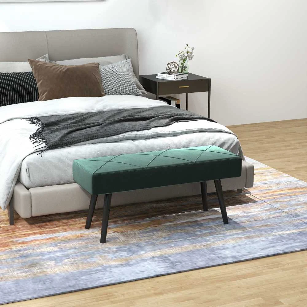 HOMCOM minkštasuolis su aksomo efektu, suolelis, lovos suoliukas, suoliukas prieškambariui su X formos raštu, iki 120 kg, miegamajam, 100x36x45 cm, žalias