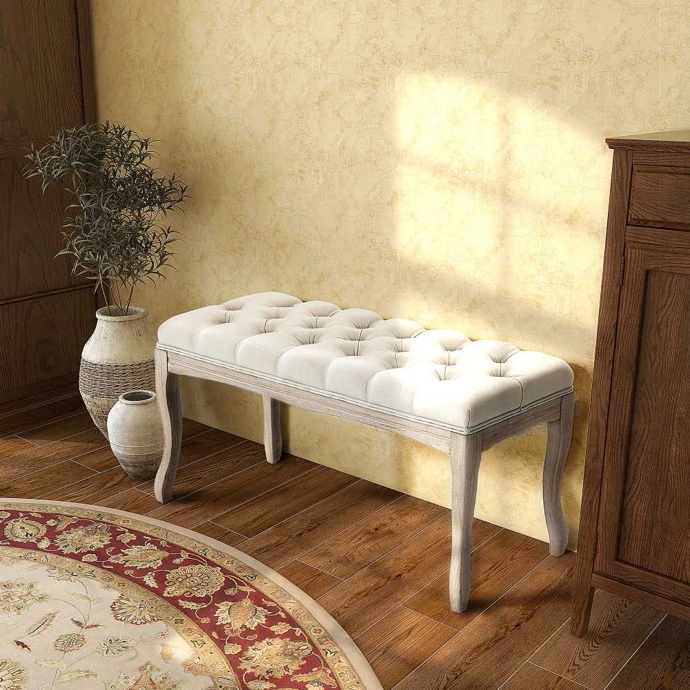 HOMCOM minkštasuolis miegamajam ir svetainei, suoliukas, suoliukas su daiktadėže, vintažinis lovos suoliukas, kaučiukmedis, linas, smėlio spalvos, 110x40x48 cm