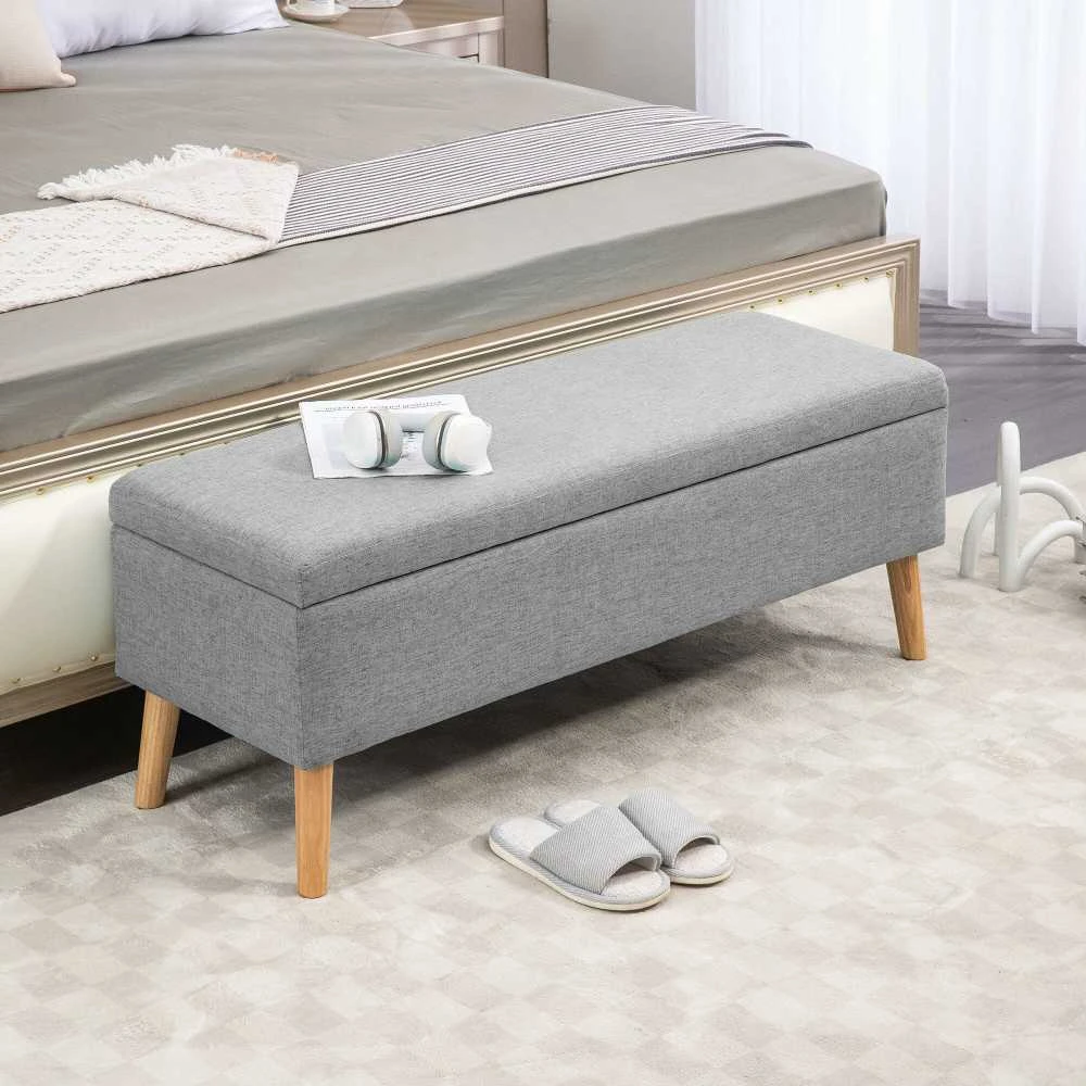 HOMCOM suoliukas su daiktadėže, minkštas suoliukas su lino audinio išvaizda, skirtas prieškambariui, miegamajam, svetainei, guminio medžio kojelės, pilkas, 110 x 39 x 45 cm | Aosom
