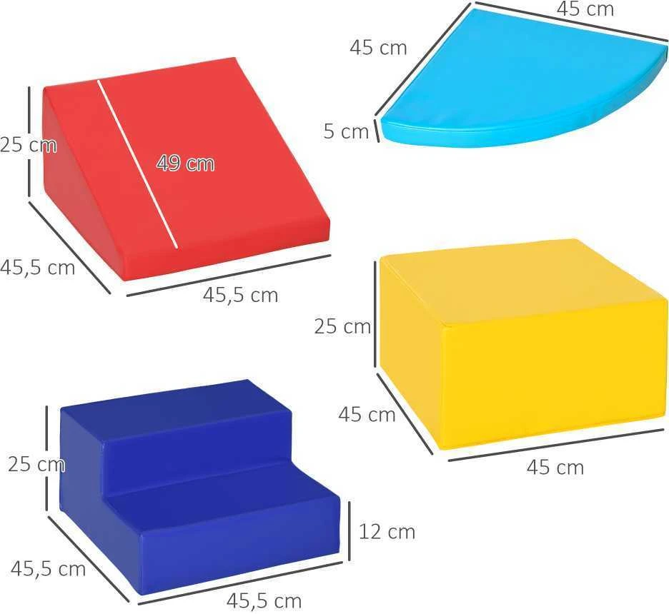 HOMCOM minkšti statybiniai blokai, 4 dalių rinkinys iš putplasčio, milžiniški blokai, konstravimo žaislas, 12-36 mėn. vaikams, įvairiaspalviai, dirbtinė oda