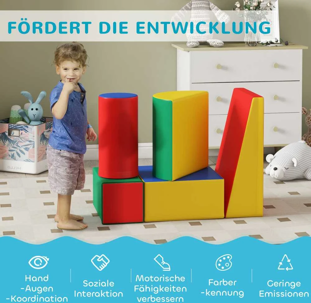 HOMCOM minkšti konstruktoriaus blokai, 5 dalių rinkinys, putplasčio kaladėlės, milžiniški blokai, statybiniai žaislai, putplasčio blokeliai 1–3 metų vaikams, dirbtinė oda, EPE