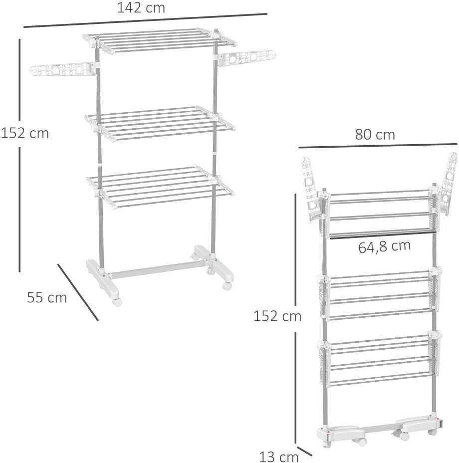 HOMCOM mobilus drabužių džiovintuvas, 3 lygių, sulankstomas, su ratukais, 80-142 x 55 x 152 cm