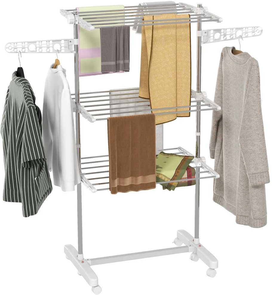 HOMCOM mobilus drabužių džiovintuvas, 3 lygių, sulankstomas, su ratukais, 80-142 x 55 x 152 cm