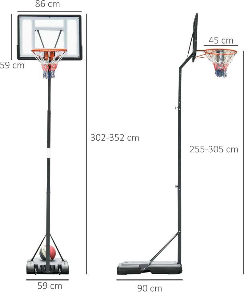 HOMCOM Mobilus krepšinio stovas Krepšinio lankas su reguliuojamo aukščio stovu, plienas+plastikas, juodas, 90 x 165 x 302-352 cm