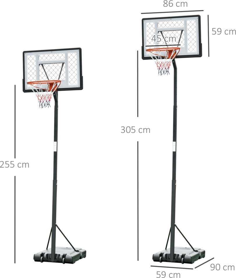 HOMCOM Mobilus krepšinio stovas Krepšinio lankas su reguliuojamo aukščio stovu, plienas+plastikas, juodas, 90 x 165 x 302-352 cm