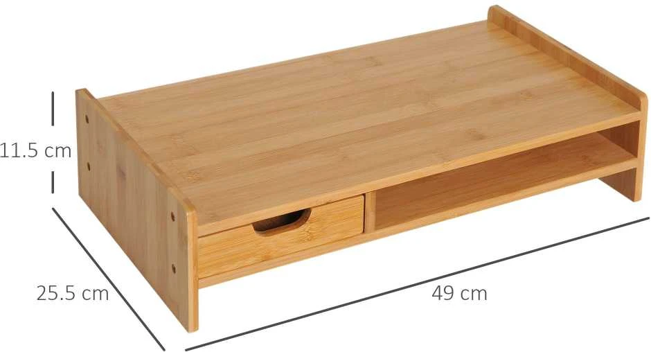 HOMCOM monitoriaus stovas, ekrano stovas, rašomojo stalo organizatorius, su stalčiais, natūrali spalva, 49x25,5x11,5 cm