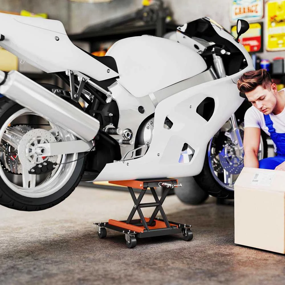 HOMCOM 500 kg motociklo keltuvas, reguliuojamas aukštis 135-390 mm, žirklinis keltuvas motociklų ir dviračių remontui garaže ir lauke