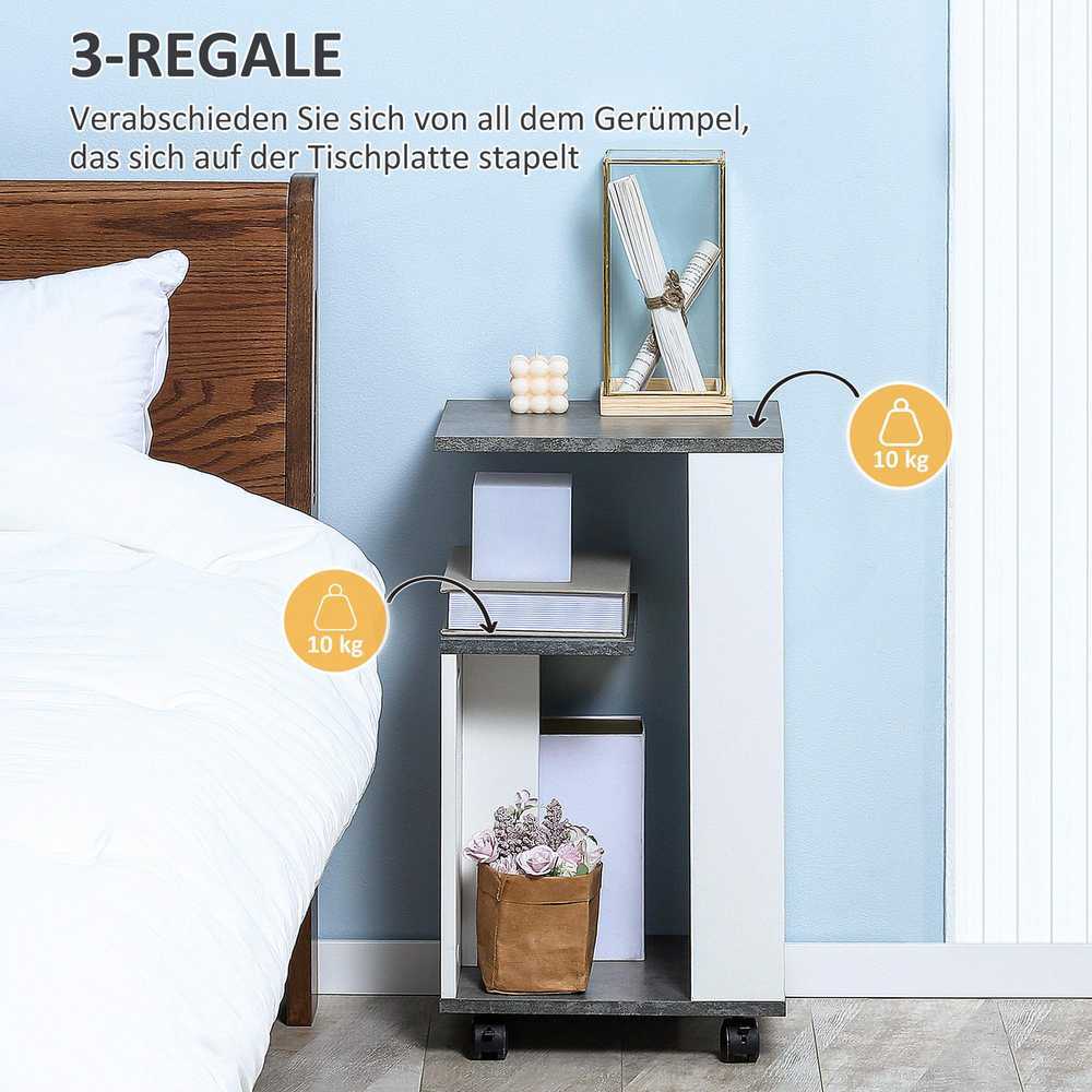 HOMCOM naktinis stalelis, šoninis staliukas su ratukais, kavos staliukas modernaus dizaino, sofos staliukas su 3 lentynomis miegamajam, svetainei, pilkas/baltas