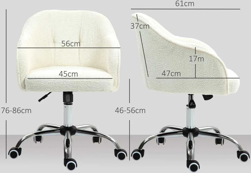 HOMCOM biuro kėdė, ergonomiška rašomojo stalo kėdė, pasukama kėdė, reguliuojamo aukščio biuro kėdė su supimosi funkcija, meškiuko aksomo išvaizda, kosmetinė kėdė miegamajam, darbo kambariui, kreminė balta