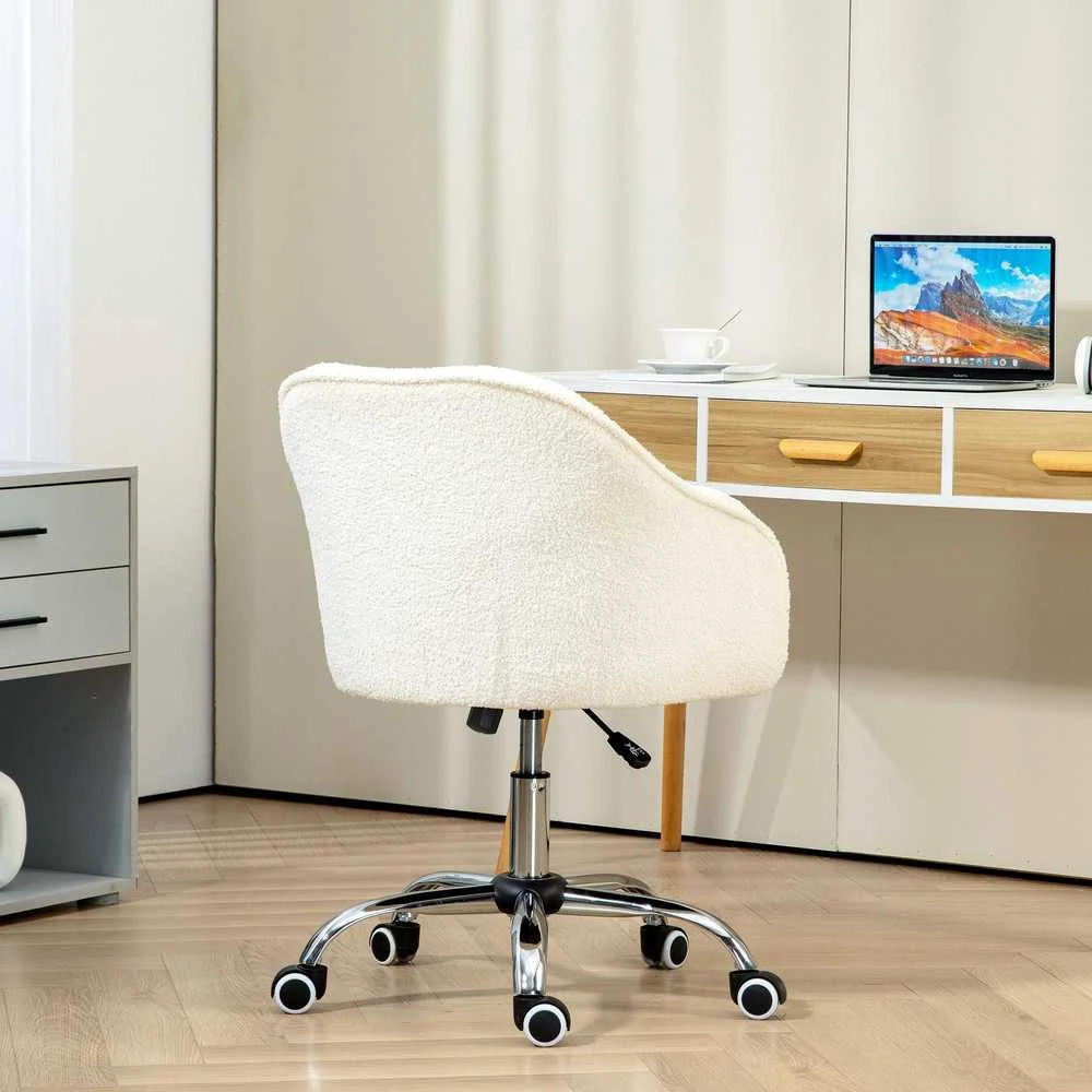 HOMCOM biuro kėdė, ergonomiška rašomojo stalo kėdė, pasukama kėdė, reguliuojamo aukščio biuro kėdė su supimosi funkcija, meškiuko aksomo išvaizda, kosmetinė kėdė miegamajam, darbo kambariui, kreminė balta