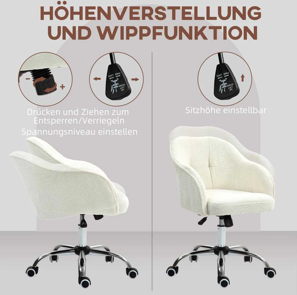 HOMCOM biuro kėdė, ergonomiška rašomojo stalo kėdė, pasukama kėdė, reguliuojamo aukščio biuro kėdė su supimosi funkcija, meškiuko aksomo išvaizda, kosmetinė kėdė miegamajam, darbo kambariui, kreminė balta