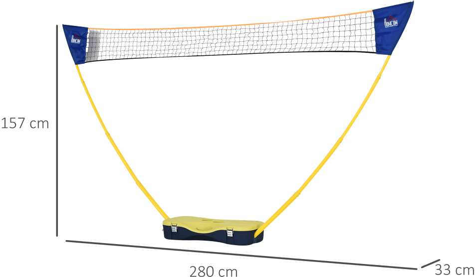 HOMCOM badmintono tinklas su stovu, badmintono tinklo stovas, nešiojamas tinklo stovas, badmintono tinklas su 4 badmintono raketėmis, lauko sportui, geltona + mėlyna