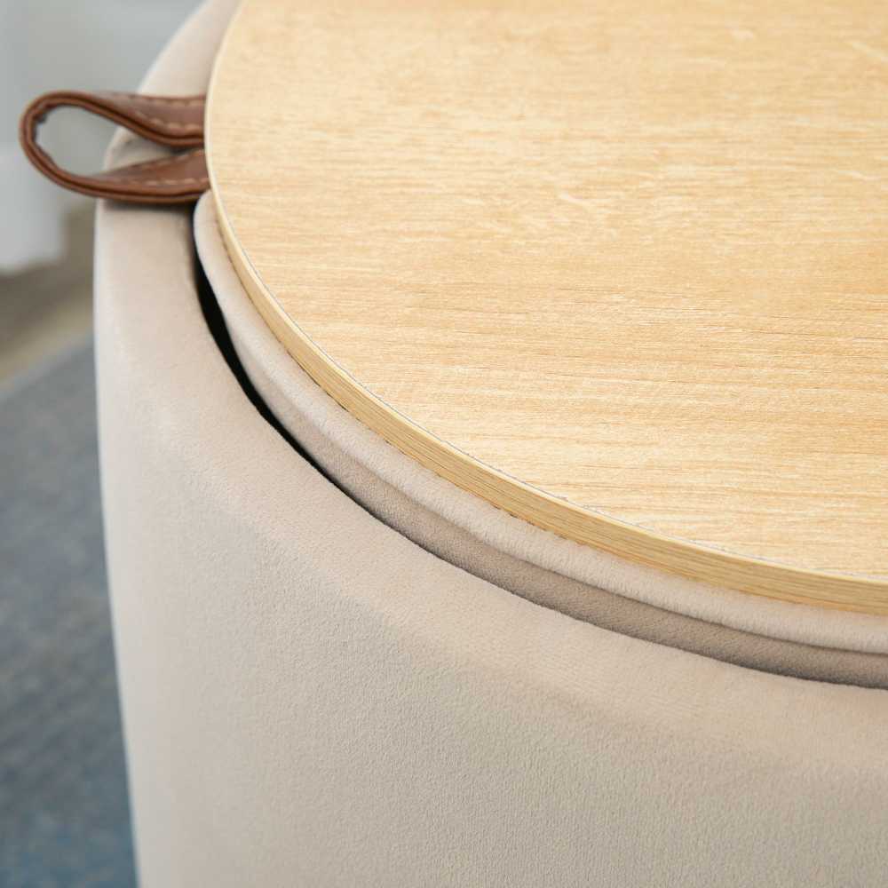 HOMCOM otomė, apvalus pufas su saugykla, aksominė išvaizda, smėlio spalvos (beige), nuimamas dangtis, Ø44cmx47,5cm, naudojamas kaip staliukas