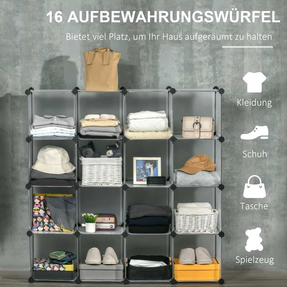 HOMCOM DIY kubų lentynų sistema su 16 kubų, daiktadėžė, plastikinė spintelė, balta, 125x32x125 cm