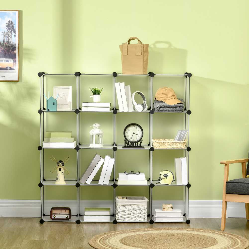 HOMCOM DIY kubų lentynų sistema su 16 kubų, daiktadėžė, plastikinė spintelė, balta, 125x32x125 cm