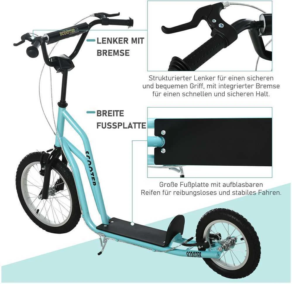 HOMCOM paspirtukas vaikams nuo 5 metų, kickboard su 16/12 colių pripučiamais ratais, mėlynas, 135 x 58 x 88-94 cm