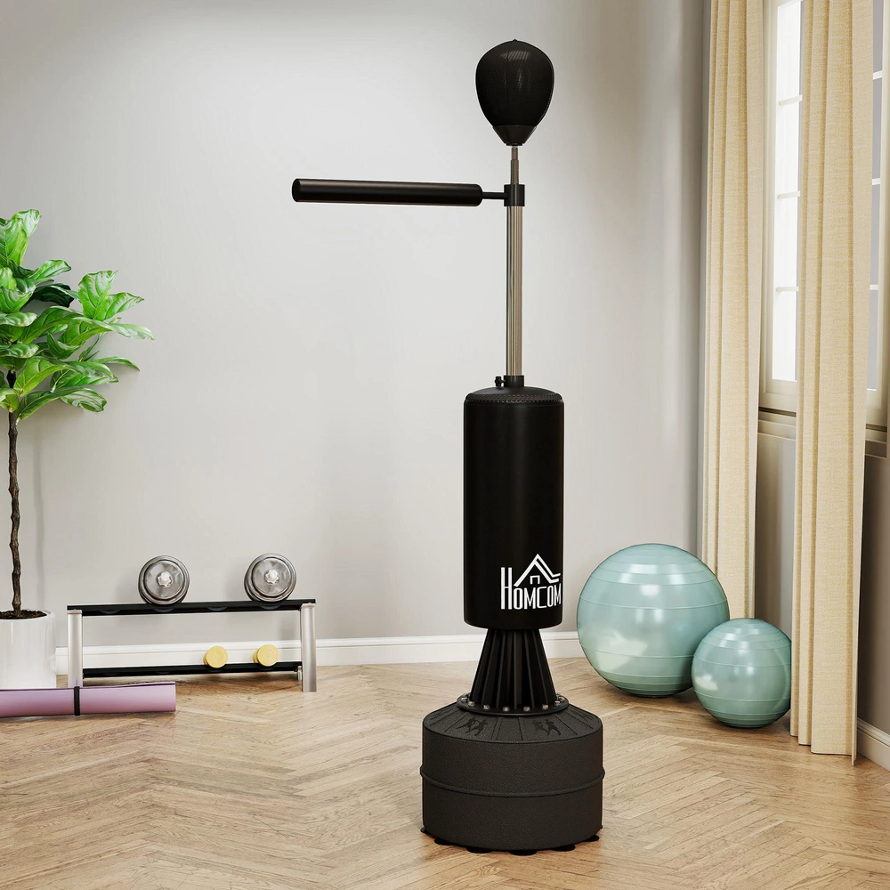 HOMCOM pastatomas bokso maišas su greičio kriauše, refleksine lazda, reguliuojamo aukščio, suaugusiesiems, 155–205 cm, juodas