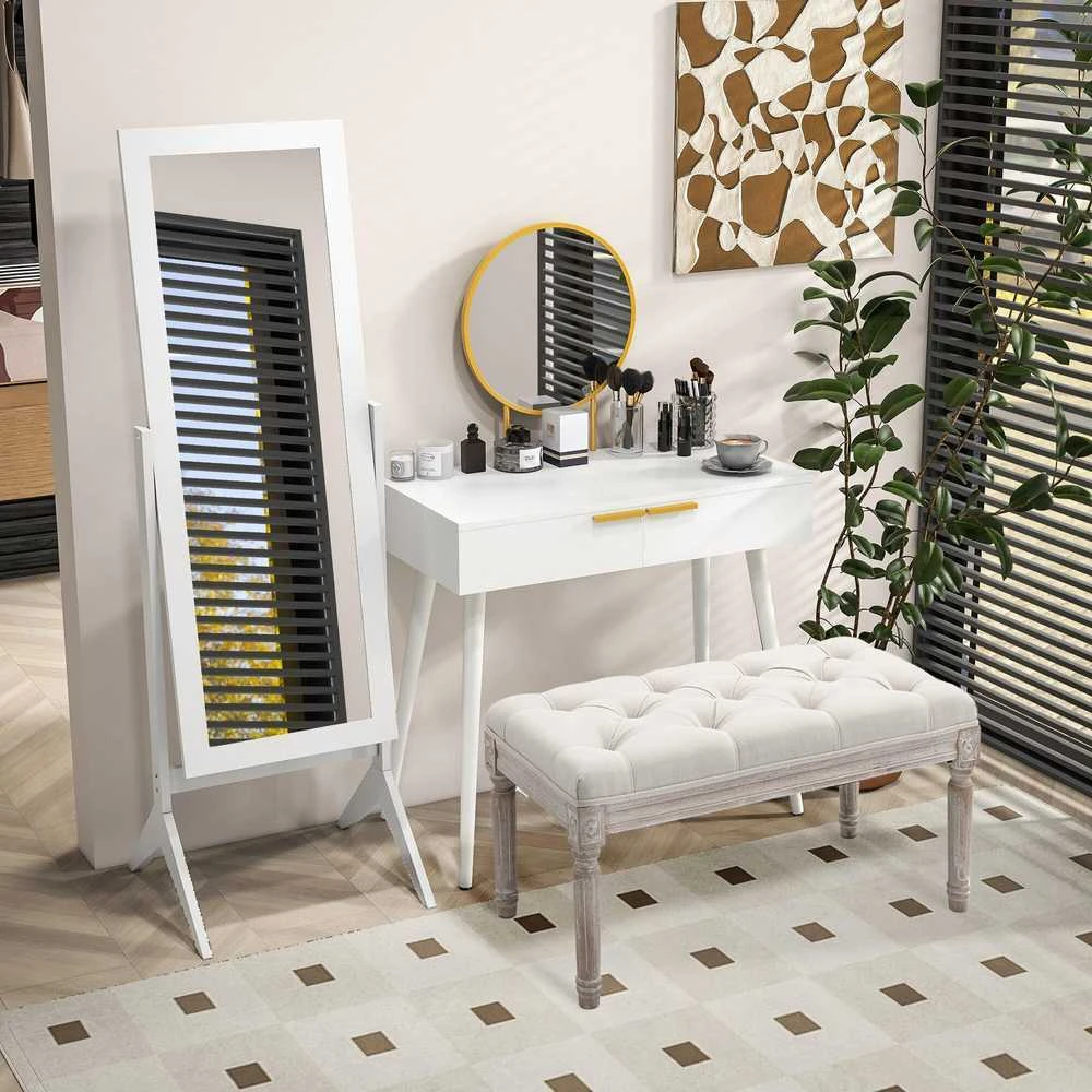 HOMCOM pastatomas veidrodis, elegantiškas viso ūgio veidrodis su paaukštintomis kojomis, lengvai prižiūrimas MDF, baltas, 47x46x148 cm, miegamajam ir prieškambariui