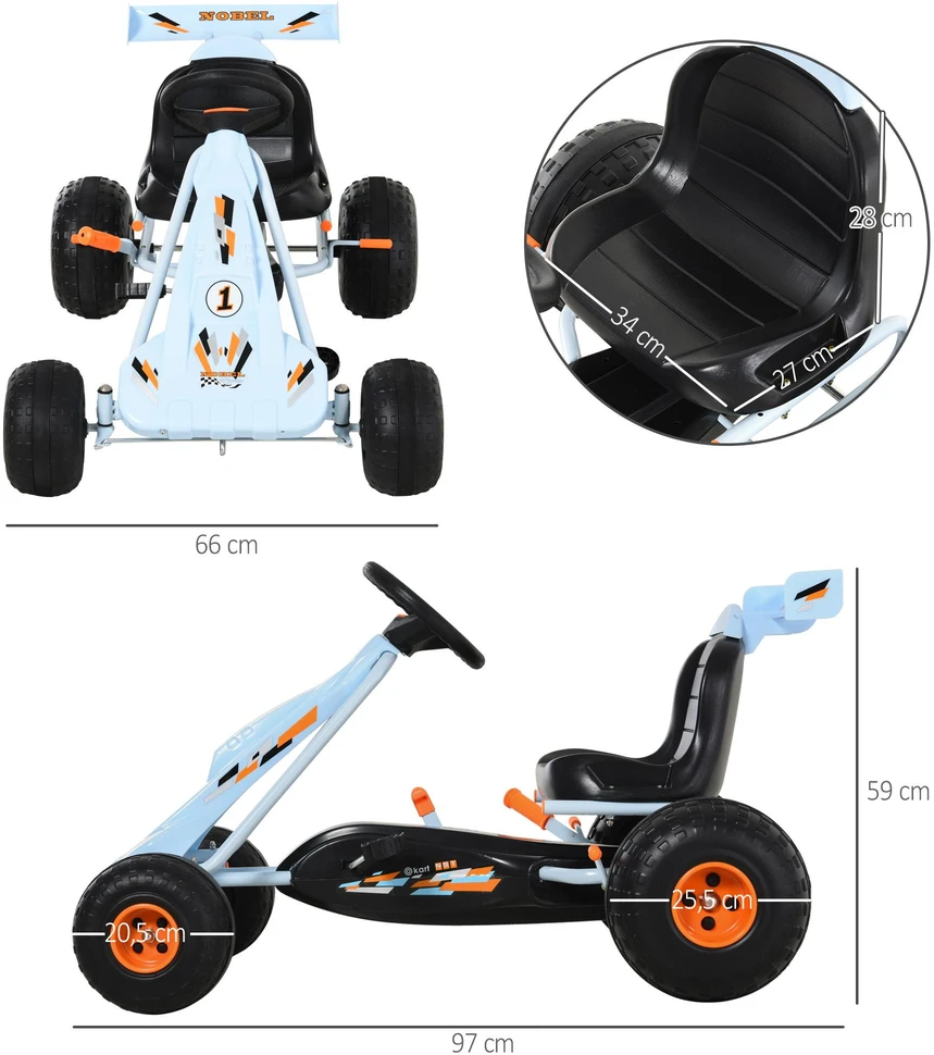 HOMCOM pedalinis gokartas vaikams nuo 3 metų, su reguliuojama sėdyne, plieno, šviesiai mėlynas, 97x66x59cm