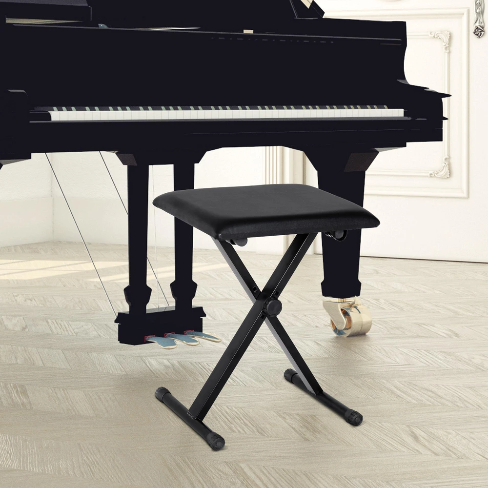 HOMCOM pianino kėdė, pianino suoliukas, reguliuojamo aukščio, sulankstomas, metalas, dirbtinė oda, porolonas, juoda, 39 x 29 x 37-47 cm
