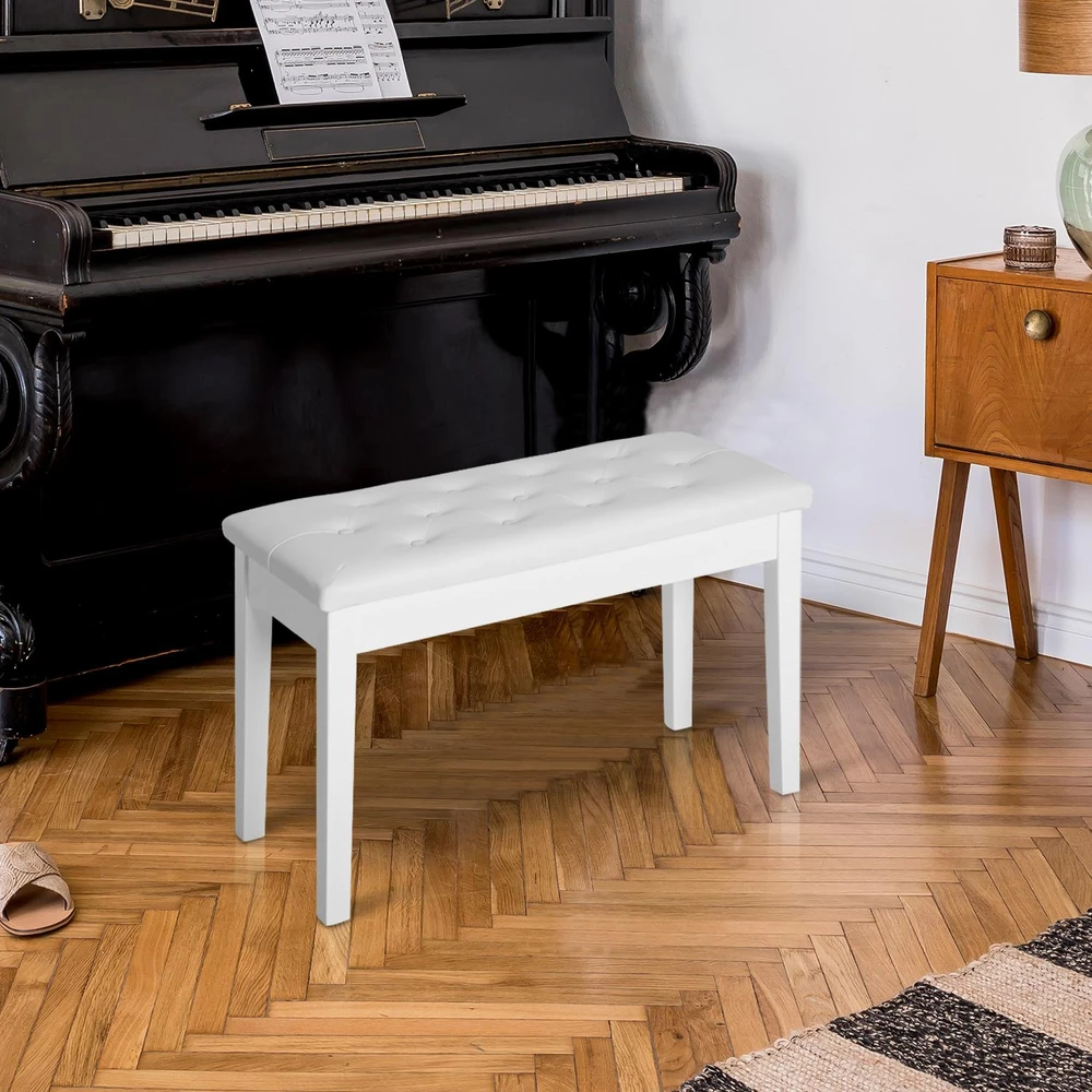 HOMCOM pianino kėdė, suoliukas pianinui, tradicinio kaimiško stiliaus kosmetinė kėdutė su daiktadėže, guminmedis, dirbtinė oda, balta, 76 x 36 x 50 cm