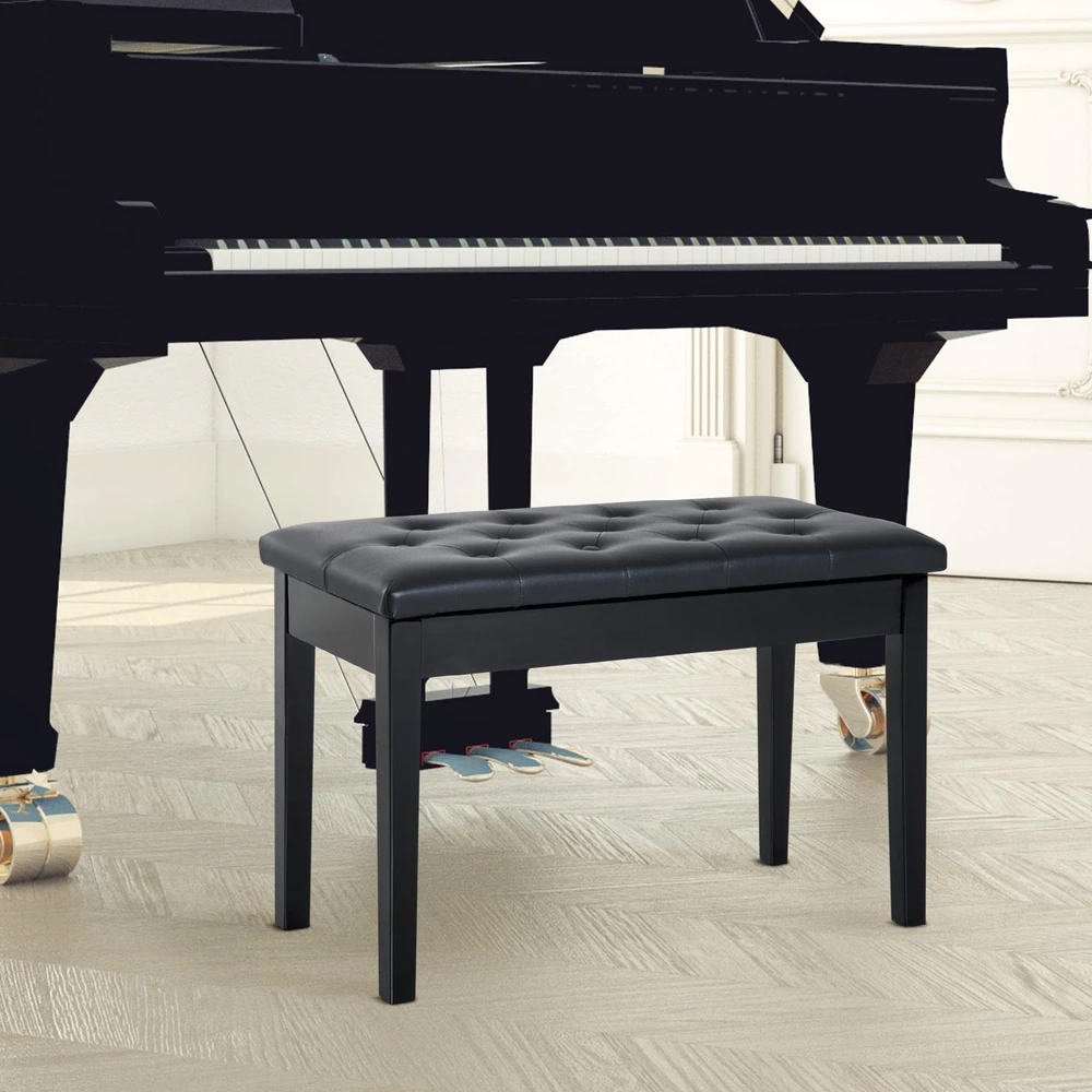 HOMCOM pianino suoliukas fortepijono suoliukas tradicinio kaimo stiliaus kosmetinis suoliukas su daiktadėže medinis odos imitacijos juodas 76 x 36 x 50 cm