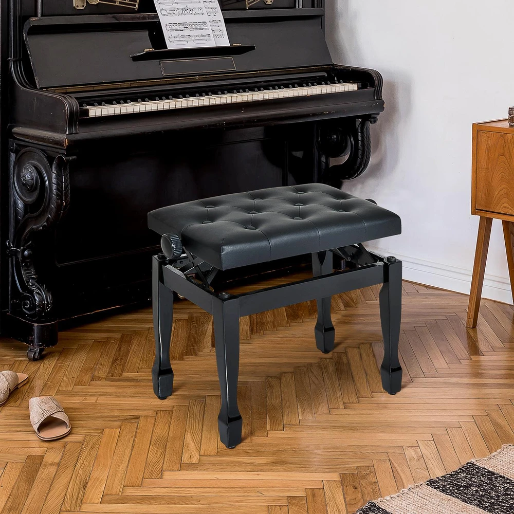 HOMCOM pianino suoliukas, kėdė pianinui, kosmetinė kėdutė, reguliuojamo aukščio taburetė muzikavimo pratyboms, medžio masyvas, dirbtinė oda, juoda, 64 x 35 x 45-55 cm