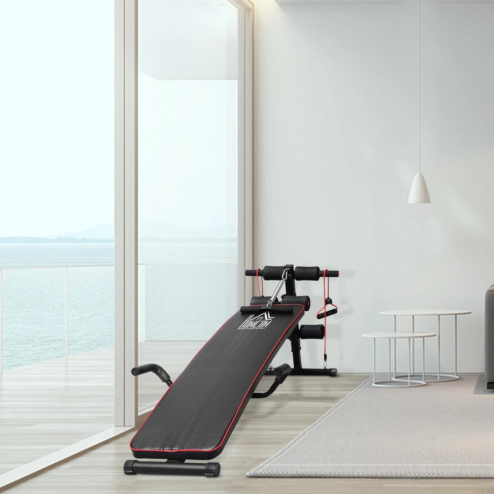 HOMCOM pilvo preso treniruoklis, treniruočių suoliukas, atsispaudimų suoliukas su pasipriešinimo gumomis, reguliuojamas, iki 120 kg, 37,5x55,5x50-68 cm