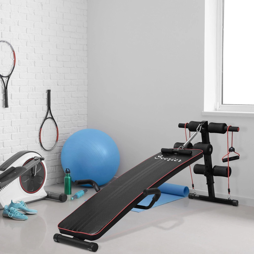 HOMCOM pilvo preso treniruoklis, treniruočių suoliukas, atsispaudimų suoliukas su pasipriešinimo gumomis, reguliuojamas, iki 120 kg, 37,5x55,5x50-68 cm