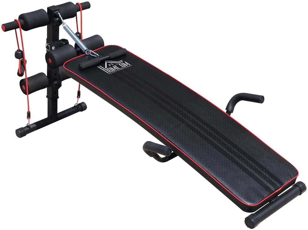 HOMCOM pilvo preso treniruoklis, treniruočių suoliukas, atsispaudimų suoliukas su pasipriešinimo gumomis, reguliuojamas, iki 120 kg, 37,5x55,5x50-68 cm