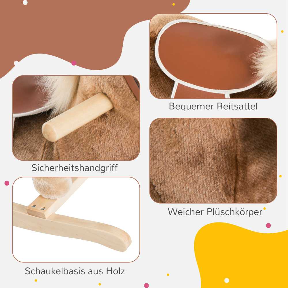 HOMCOM pliušinis arkliukas supynėms, rudas, supamas žaislas vaikams, I74xP33xA62cm