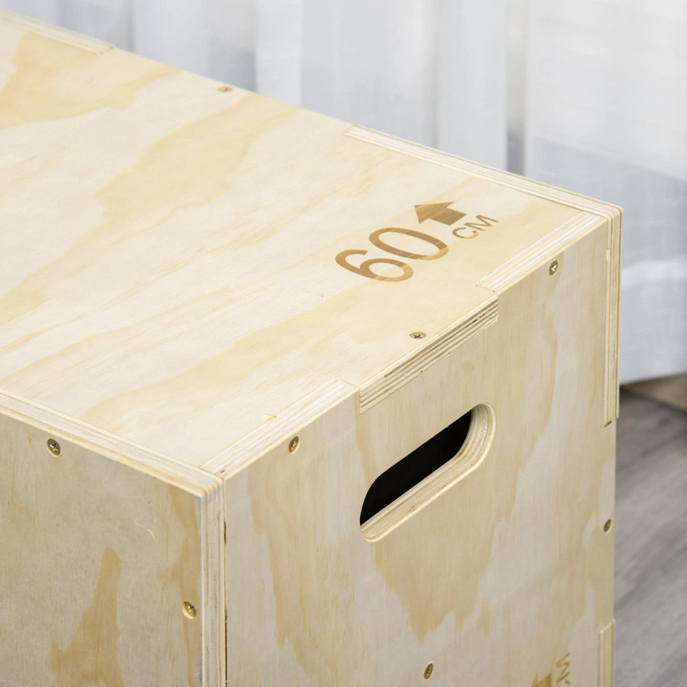HOMCOM Plyo Box, medinė šuolių dėžė, pliometrinė platforma su rankena namams, 45 x 40 x 60 cm, natūrali mediena