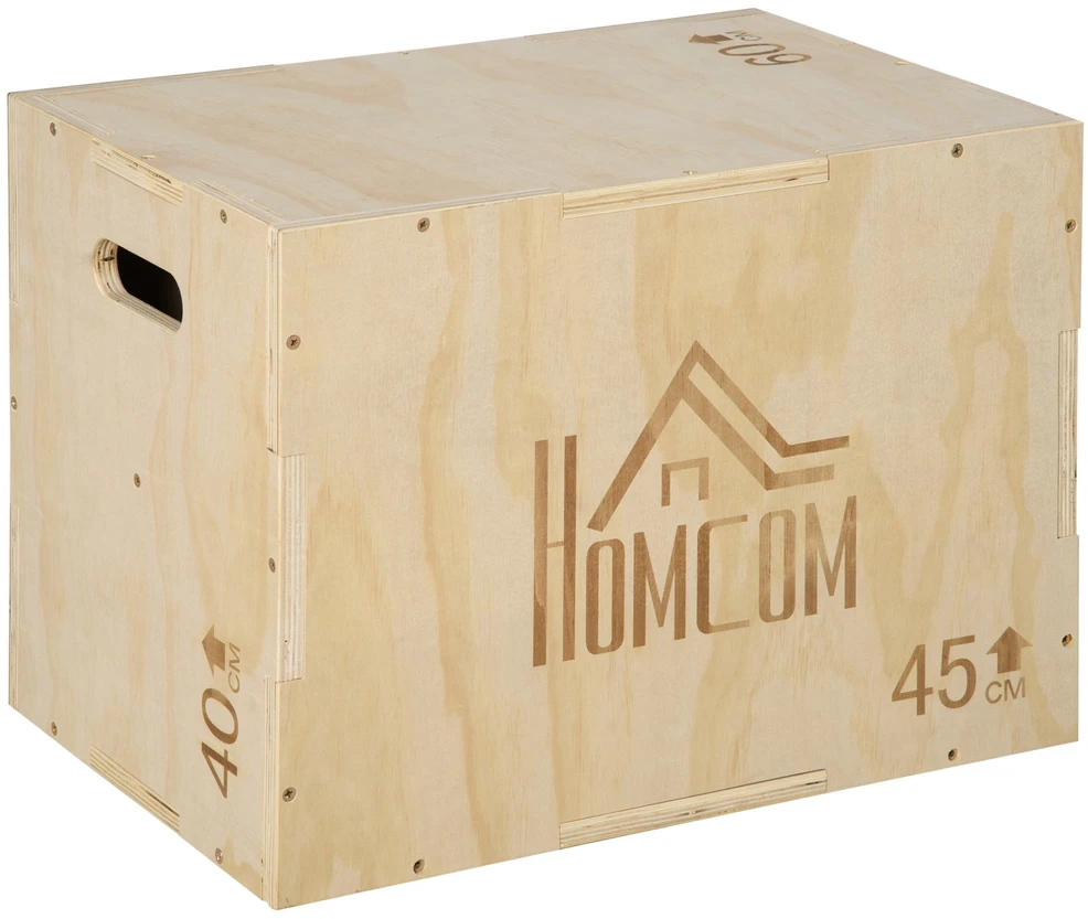 HOMCOM Plyo Box, medinė šuolių dėžė, pliometrinė platforma su rankena namams, 45 x 40 x 60 cm, natūrali mediena