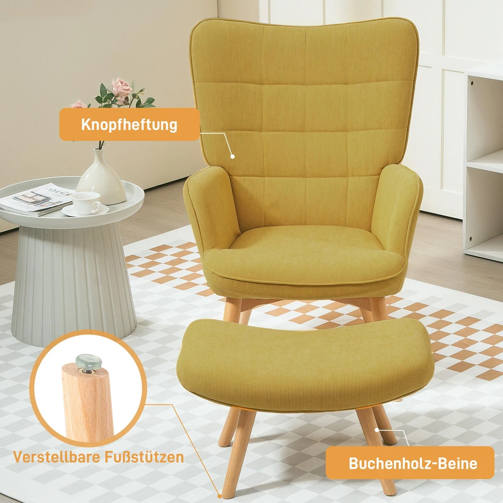 HOMCOM poilsio fotelis su pakoja, minkštas fotelis iš velveto, fotelis su medinėmis kojelėmis, televizoriaus fotelis svetainei, oranžinis