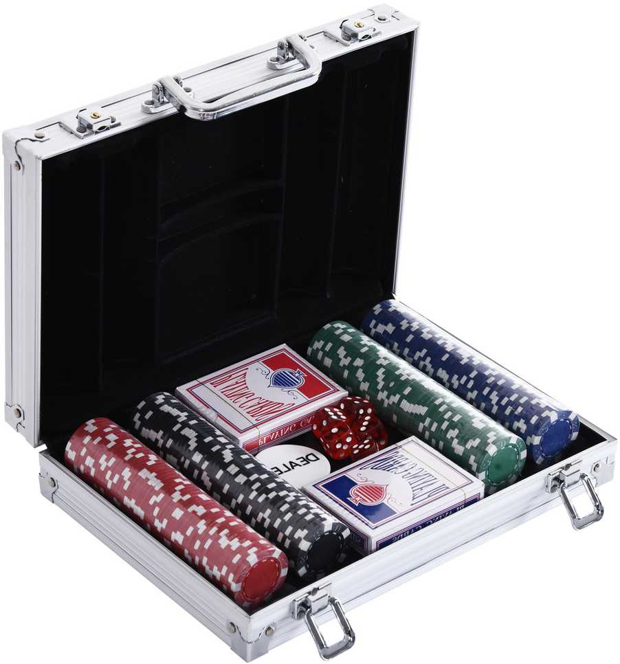 HOMCOM pokerio lagaminas, 200 pokerio žetonų, 2 kortų kaladės, 5 kauliukai, aliumininis lagaminas, polistirenas, 29,5x20,5x6,5 cm, žaidimų vakarams