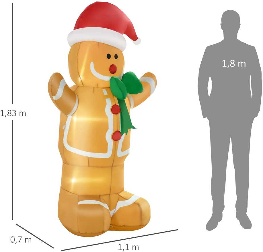 Homcom Pripučiama kalėdinė dekoracija meduolinis žmogeliukas su 3 LED, ruda–raudona–žalia, 110 × 70 × 183 cm