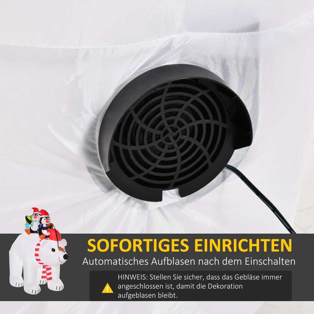 Homcom Pripučiama kalėdinė dekoracija su baltuoju lokiu ir dviem pingvinais, su LED apšvietimu, balta, raudona ir juoda, 227 × 113 × 206 cm