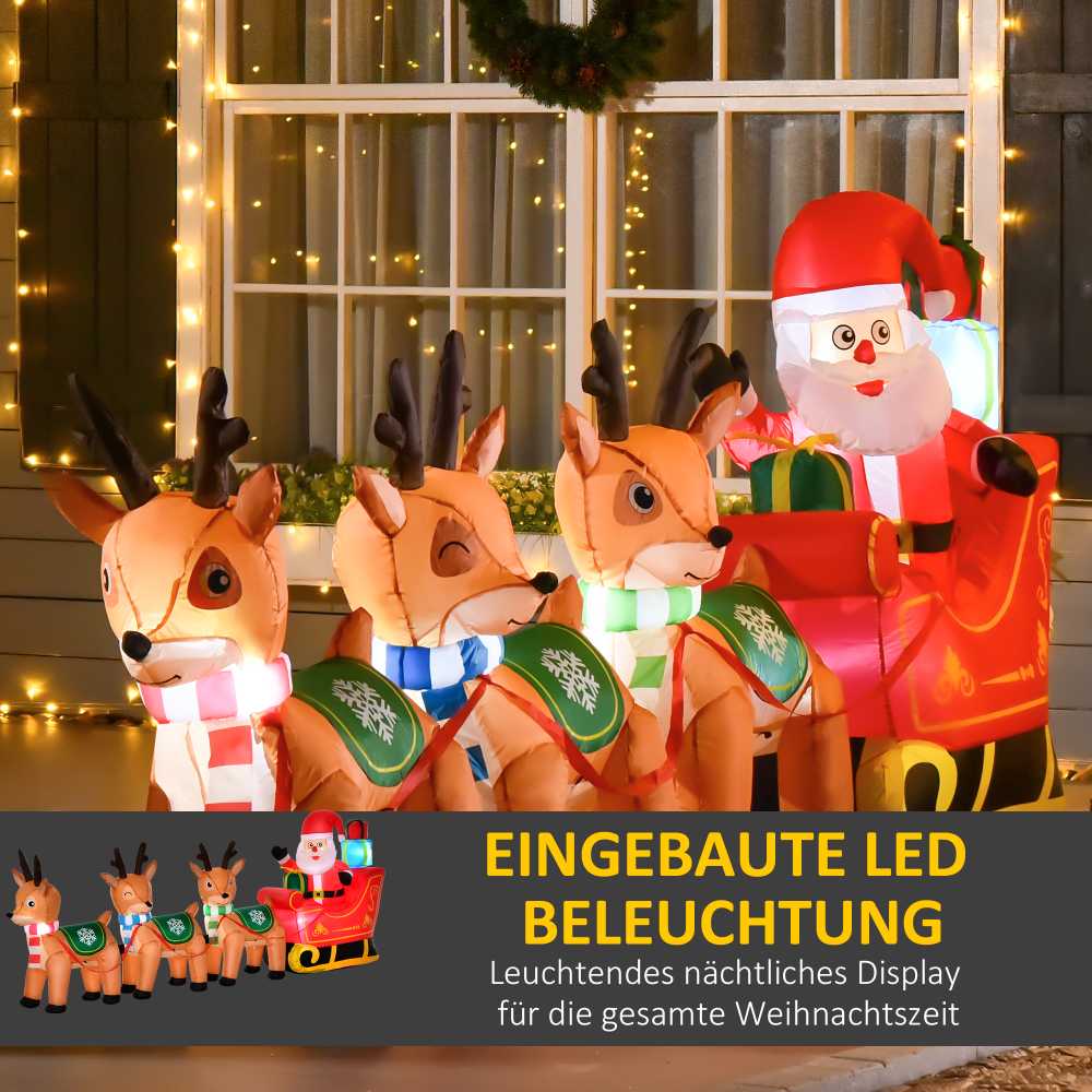 Homcom Pripučiama kalėdinė dekoracija su LED apšvietimu ir Kalėdų Seneliu rogėse su 3 elniais, ruda, raudona ir žalia, 319 × 59 × 132 cm