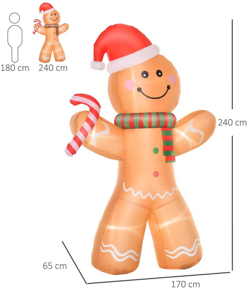 Pripučiamas meduolinis žmogeliukas su LED apšvietimu, geltonas, 170 x 65 x 240 cm