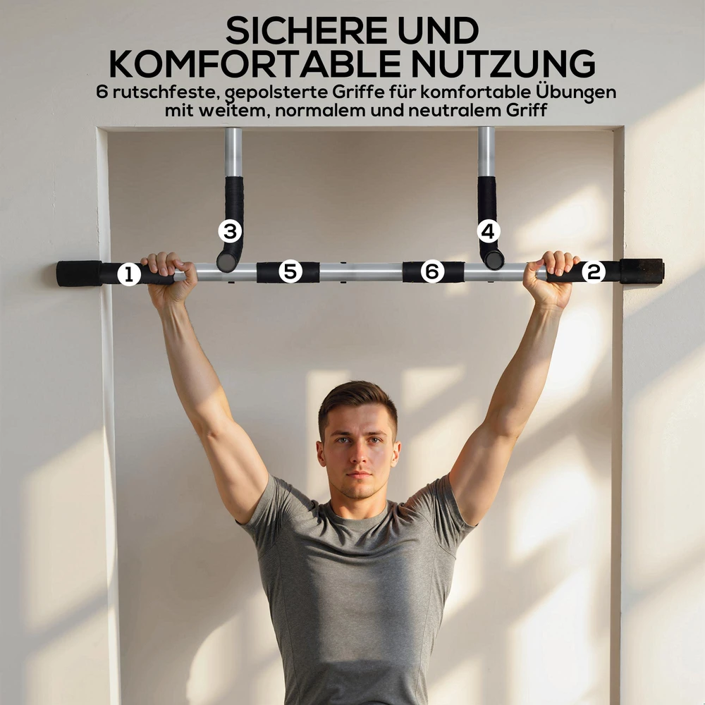 HOMCOM prisitraukimų skersinis, daugiafunkcis treniruoklis, plieno durų skersinis su putplasčio danga, juoda ir pilka, 92x40x17 cm