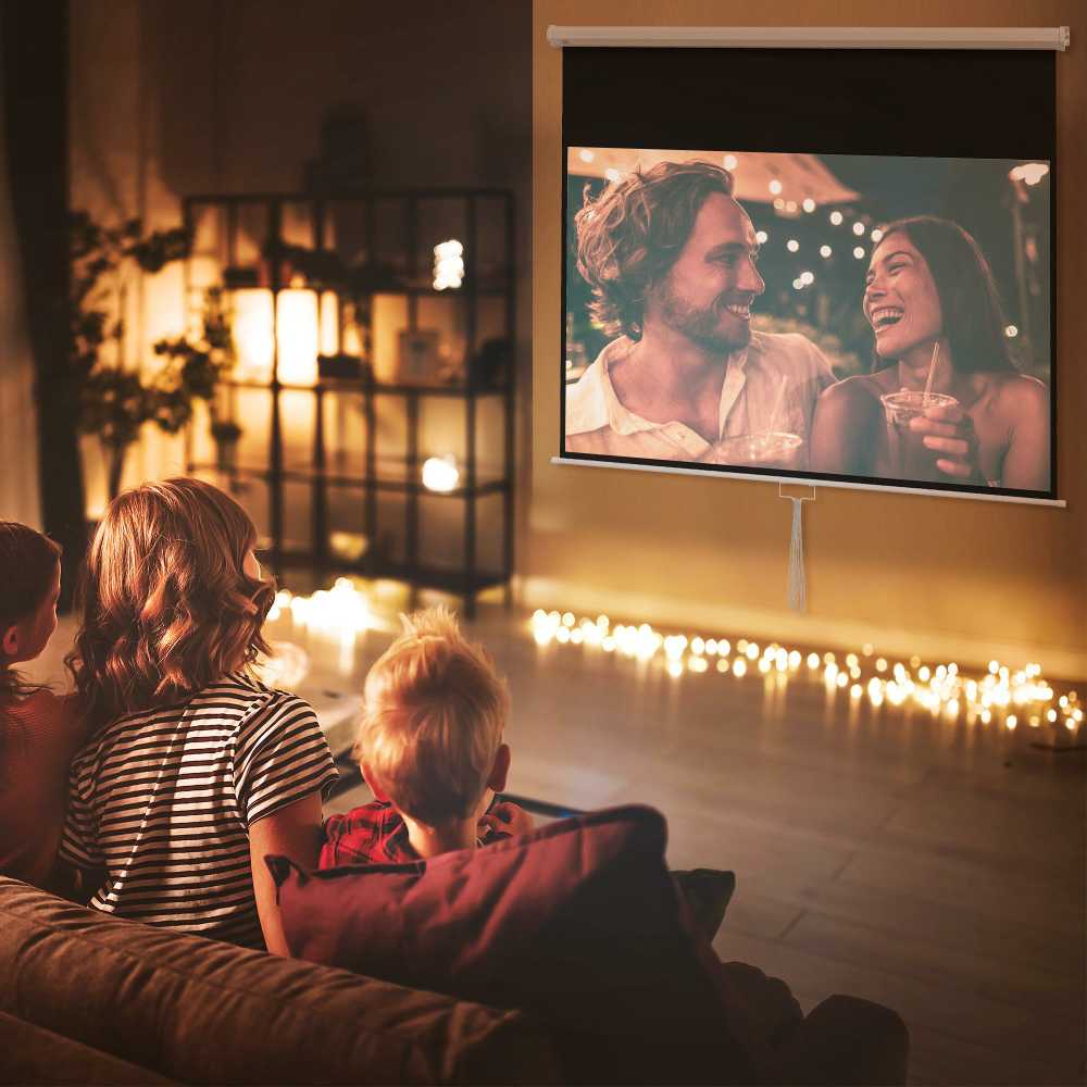 Projektorius "HOMCOM" projektoriaus ekranas 172 x 96 cm rankinis projekcinis ekranas, ritininis ekranas 4K, HD, namų kino ir prezentacijų ekranas, baltos spalvos