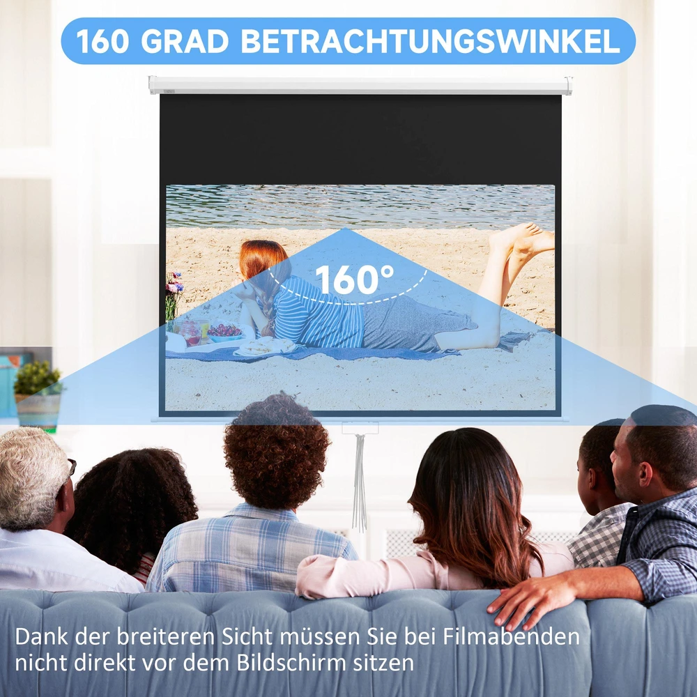 Projektorius "HOMCOM" projektoriaus ekranas 172 x 96 cm rankinis projekcinis ekranas, ritininis ekranas 4K, HD, namų kino ir prezentacijų ekranas, baltos spalvos