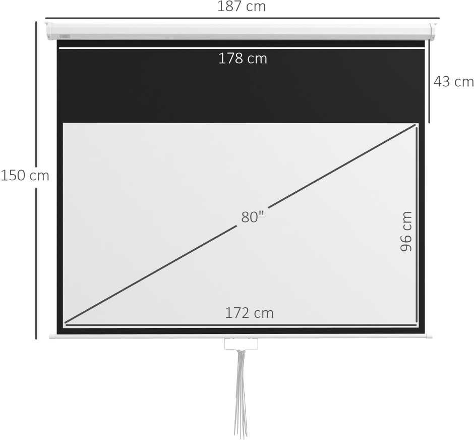 Projektorius "HOMCOM" projektoriaus ekranas 172 x 96 cm rankinis projekcinis ekranas, ritininis ekranas 4K, HD, namų kino ir prezentacijų ekranas, baltos spalvos