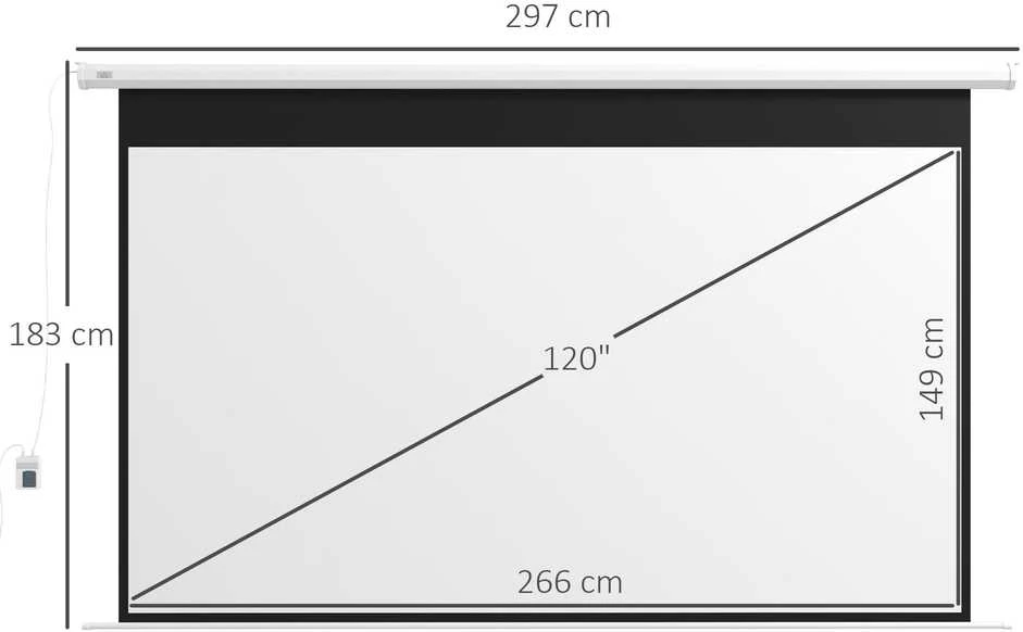 HOMCOM elektrinis projektoriaus ekranas 266 x 149 cm, 16:9 su nuotolinio valdymo pulteliu, kino ekranas namų kinui ir prezentacijoms, metalinis, baltas