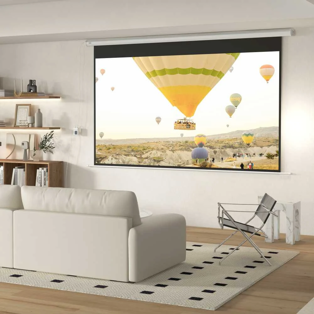 HOMCOM elektrinis projektoriaus ekranas 266 x 149 cm, 16:9 su nuotolinio valdymo pulteliu, kino ekranas namų kinui ir prezentacijoms, metalinis, baltas