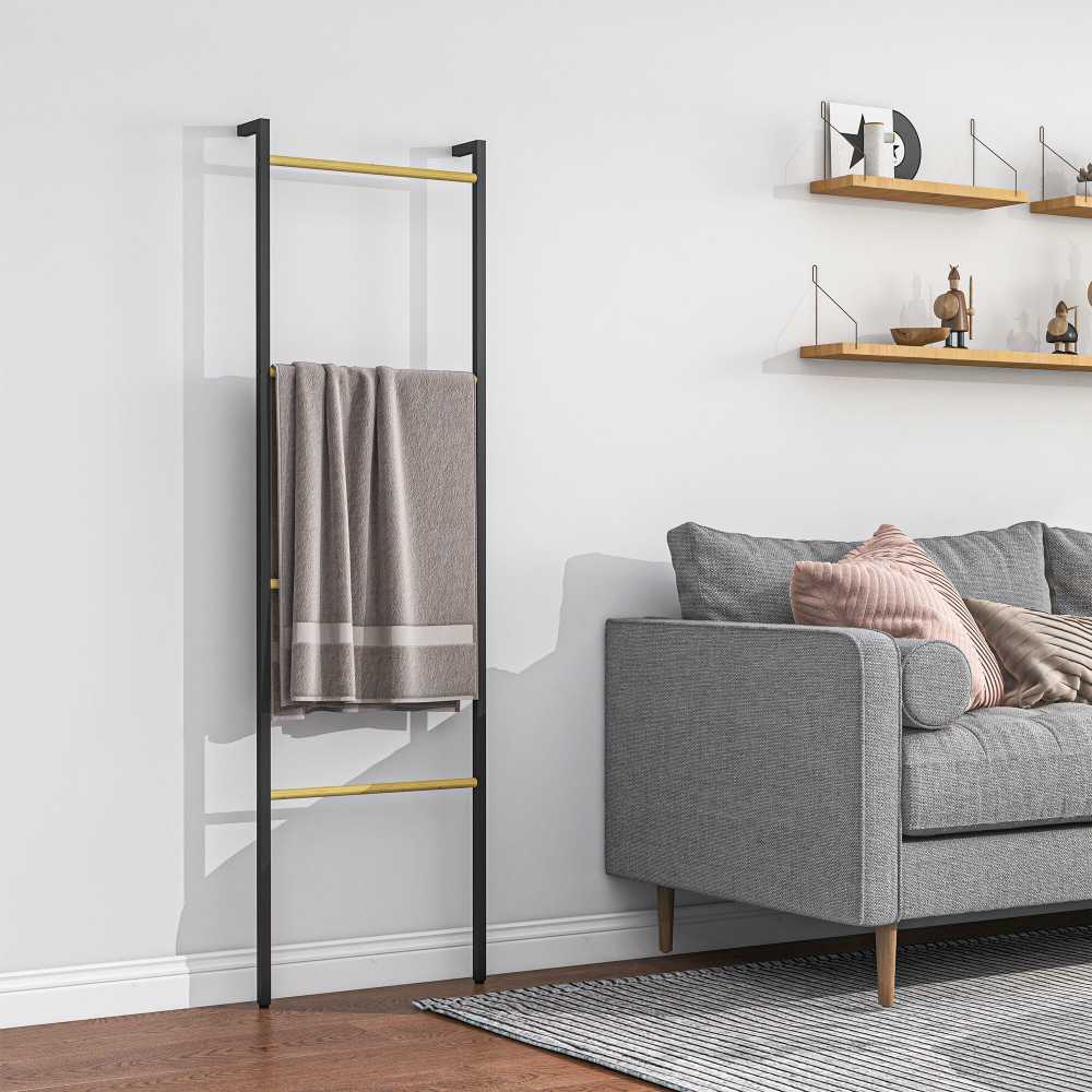 Homcom Rankšluosčių kopėčios 49 x 167,5 cm Rankšluosčių laikiklis su 4 strypais, taupantis vietą, skirtas rankšluosčiams, drabužiams, antklodėms, laikraščiams, plienas, juodas